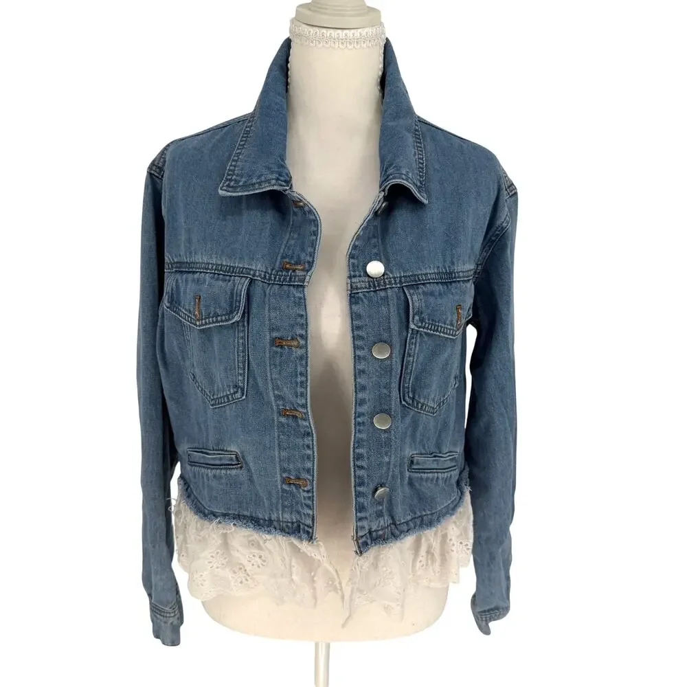 ee:some Los Angeles Cropped denim Jacket with Eyelet Lace Hem, Size M